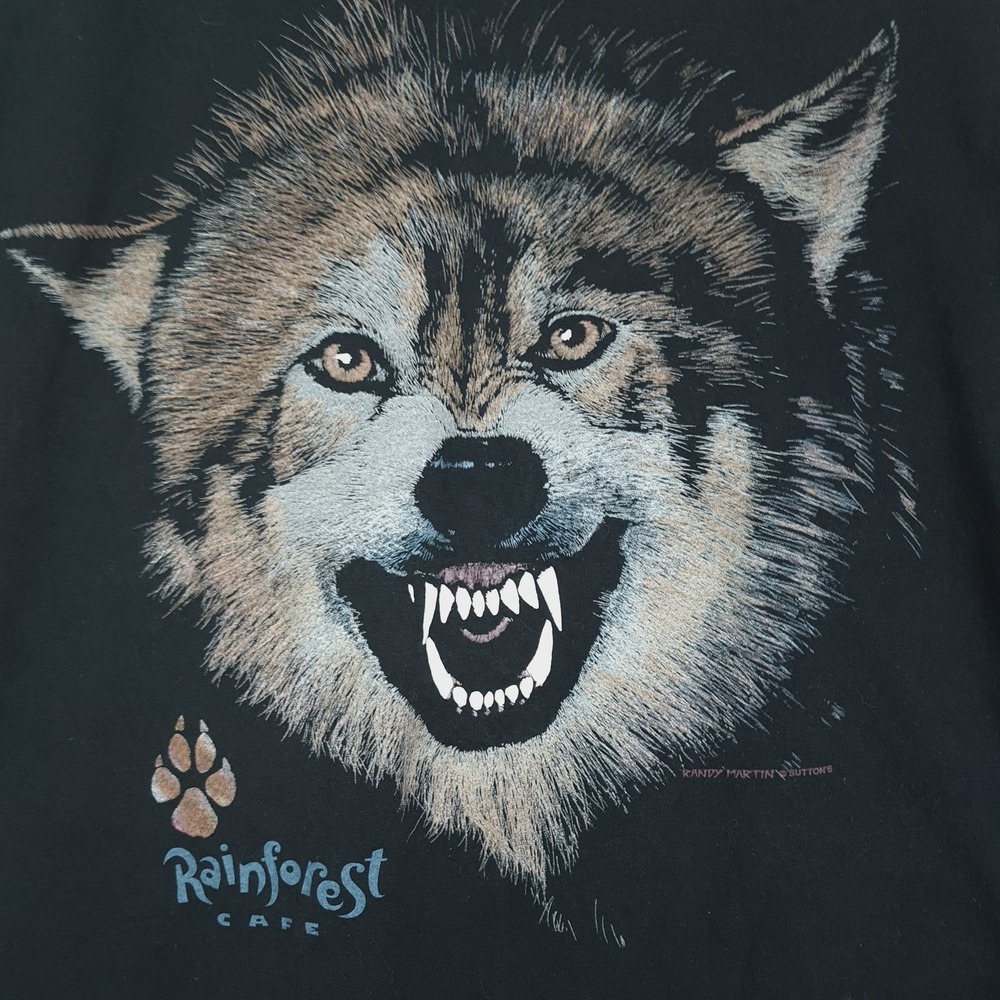 Vintage Rainforest Cafe Shirt Mens XL Black Wolf Animal Graphic Tee Made USA 90s - Picture 5 of 13